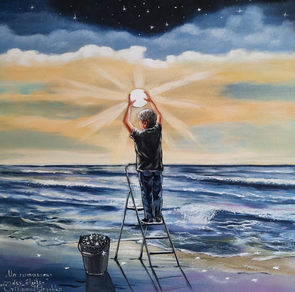 Le ramasseur des étoiles, tableau original de Svitlana Loguinoff Gryshko représentant un enfant sur une échelle recueillant une étoile lumineuse face à l'océan au coucher du soleil.