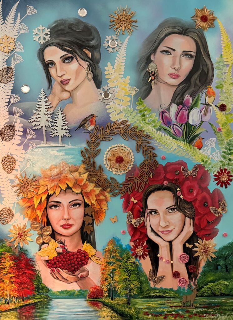 Tableau "Les 4 saisons" de Svitlana Loguinoff Gryshko représentant quatre femmes symbolisant l'hiver, le printemps, l'été et l'automne, entourées de fleurs, d'oiseaux et de paysages naturels.