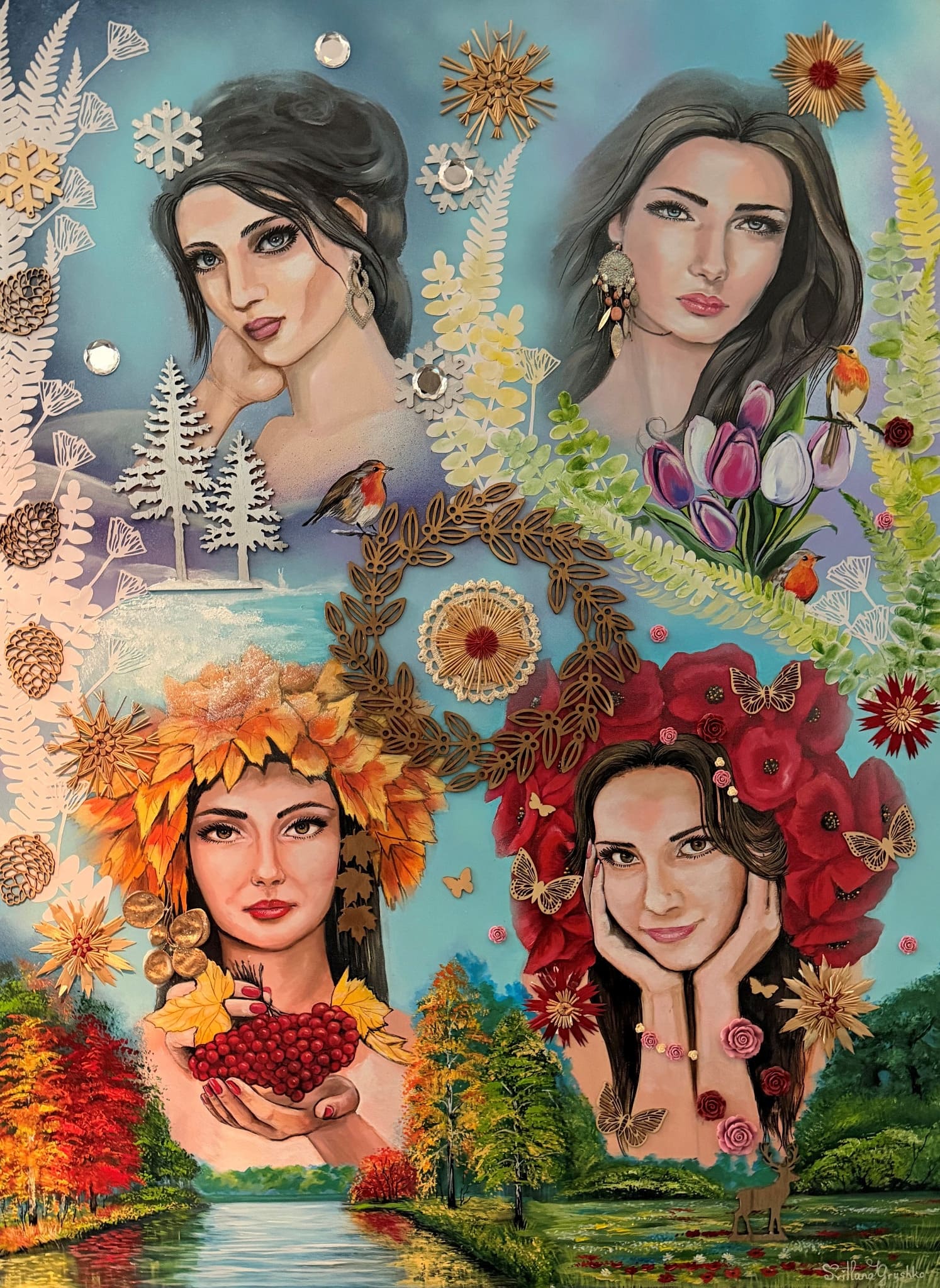 Tableau "Les 4 saisons" de Svitlana Loguinoff Gryshko représentant quatre femmes symbolisant l'hiver, le printemps, l'été et l'automne, entourées de fleurs, d'oiseaux et de paysages naturels.
