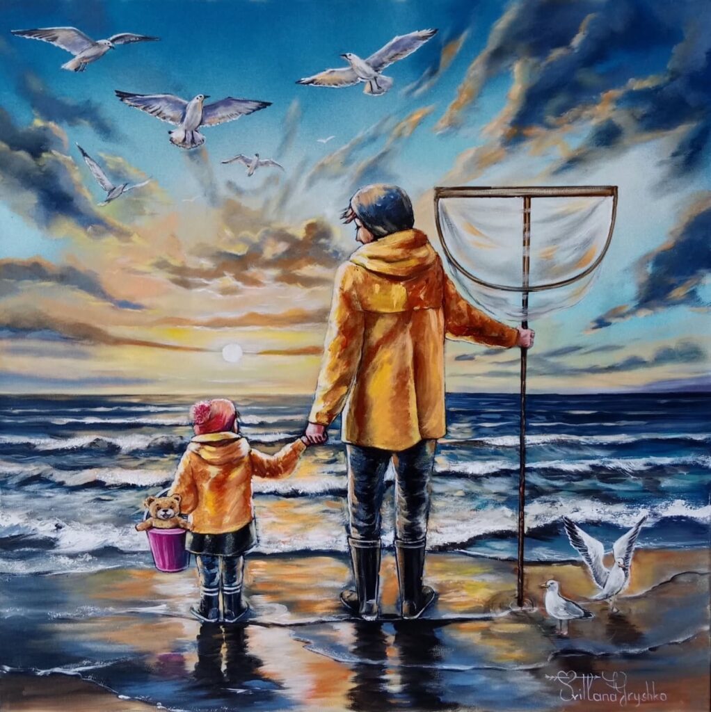 Les Pêcheurs, tableau original de Svitlana Loguinoff Gryshko représentant un adulte et un enfant tenant une épuisette face à l'océan, entourés de mouettes au coucher du soleil.