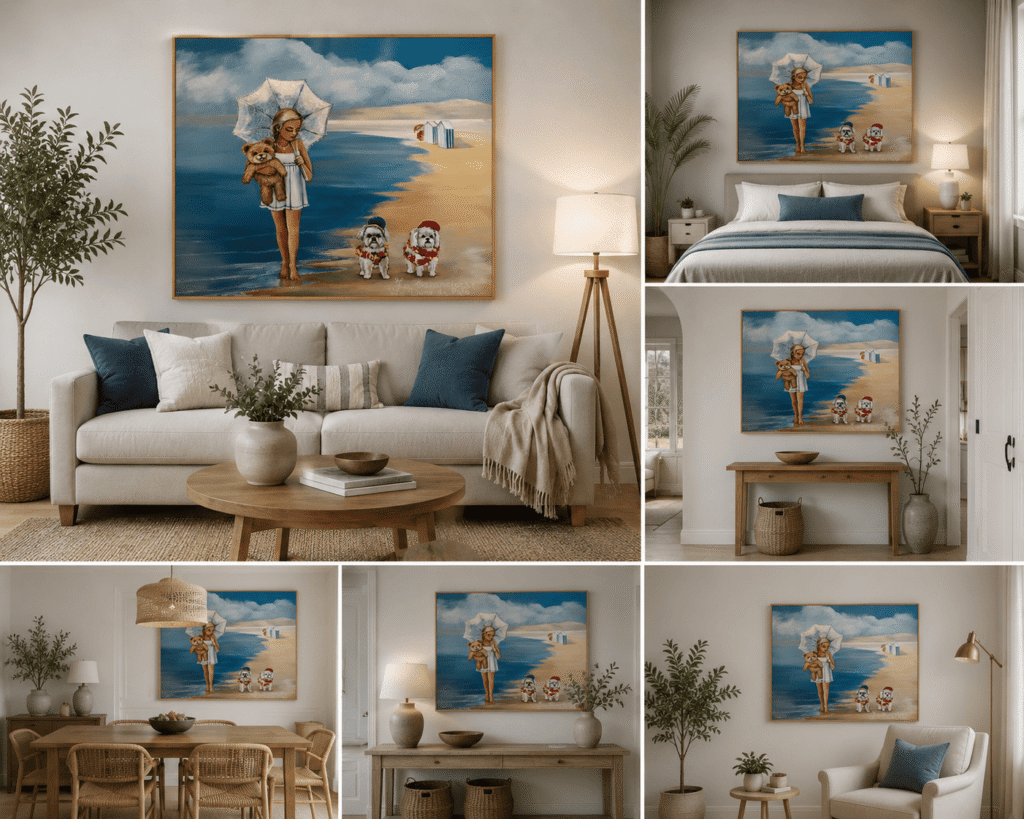 Les Vacanciers, tableau original de Svitlana Loguinoff Gryshko représentant une fillette marchant sur la plage avec son ours en peluche et deux petits chiens devant l'océan.