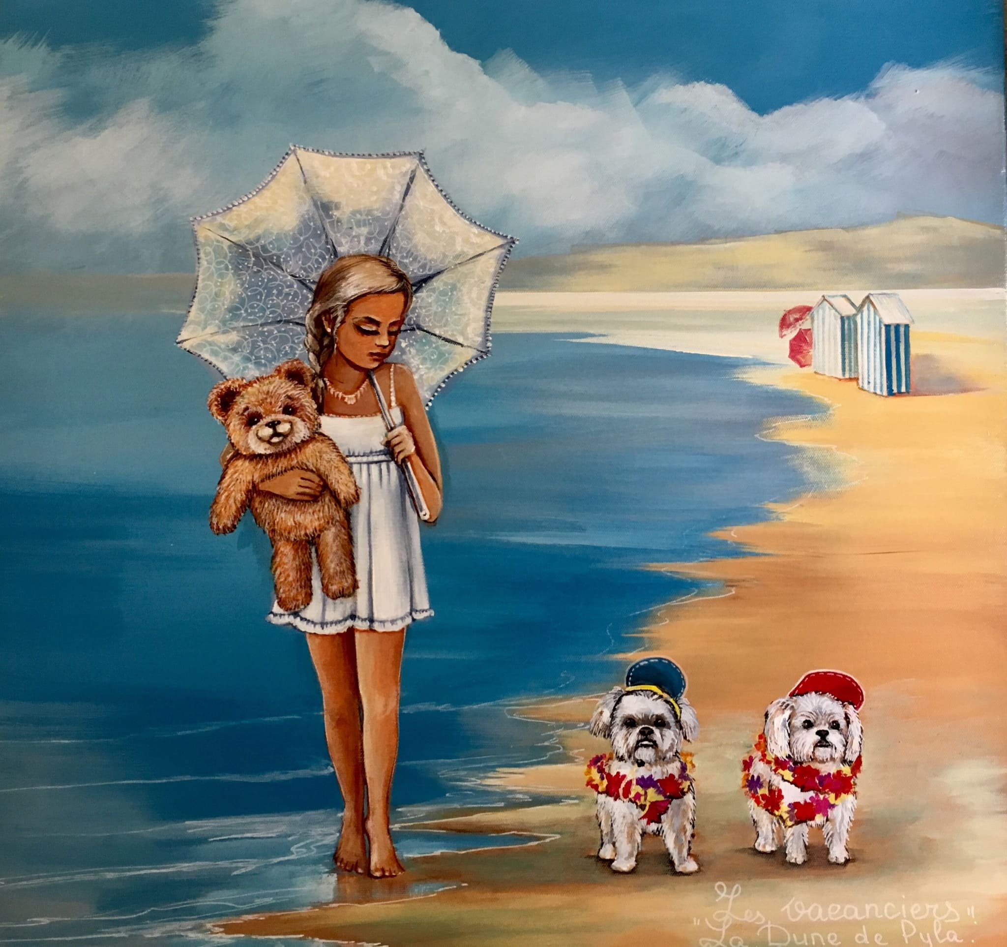 Les Vacanciers, tableau original de Svitlana Loguinoff Gryshko représentant une fillette marchant sur la plage avec son ours en peluche et deux petits chiens devant l'océan.