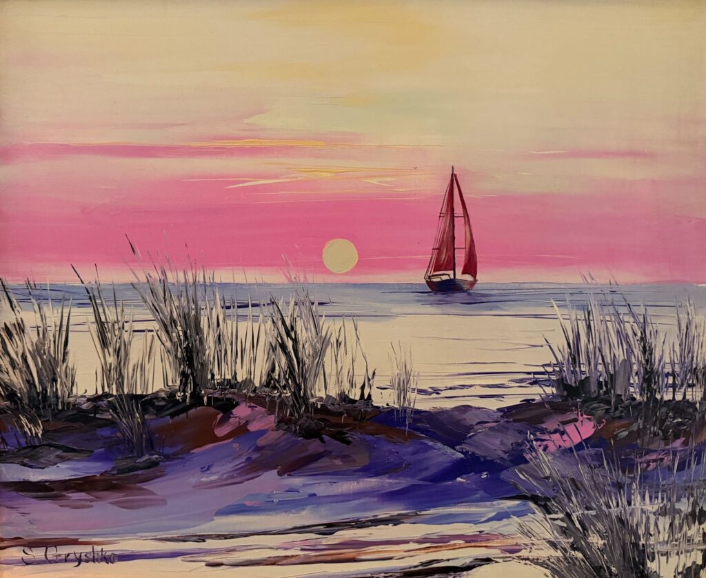 Les voiles rouges – tableau original de Svitlana Loguinoff Gryshko représentant un voilier aux voiles rouges au coucher du soleil, inspiré du roman d’Alexandre Grin, symbole d’amour et d’espérance.