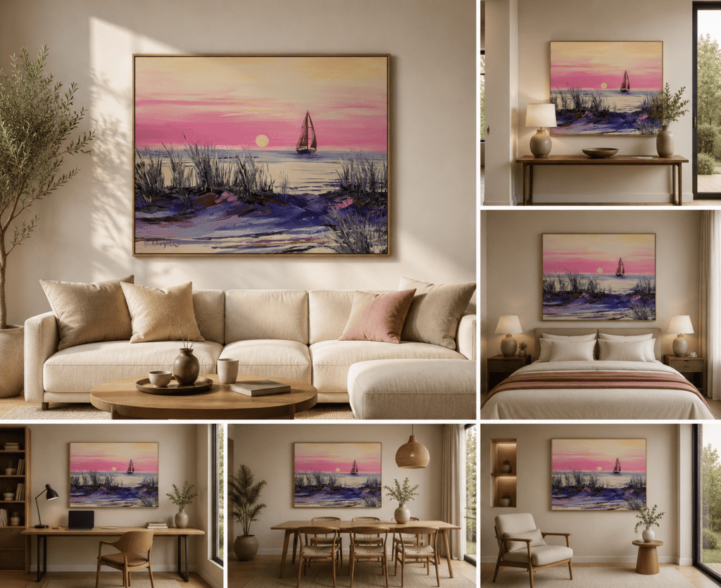 Les voiles rouges – tableau original de Svitlana Loguinoff Gryshko représentant un voilier aux voiles rouges au coucher du soleil, inspiré du roman d’Alexandre Grin, symbole d’amour et d’espérance.