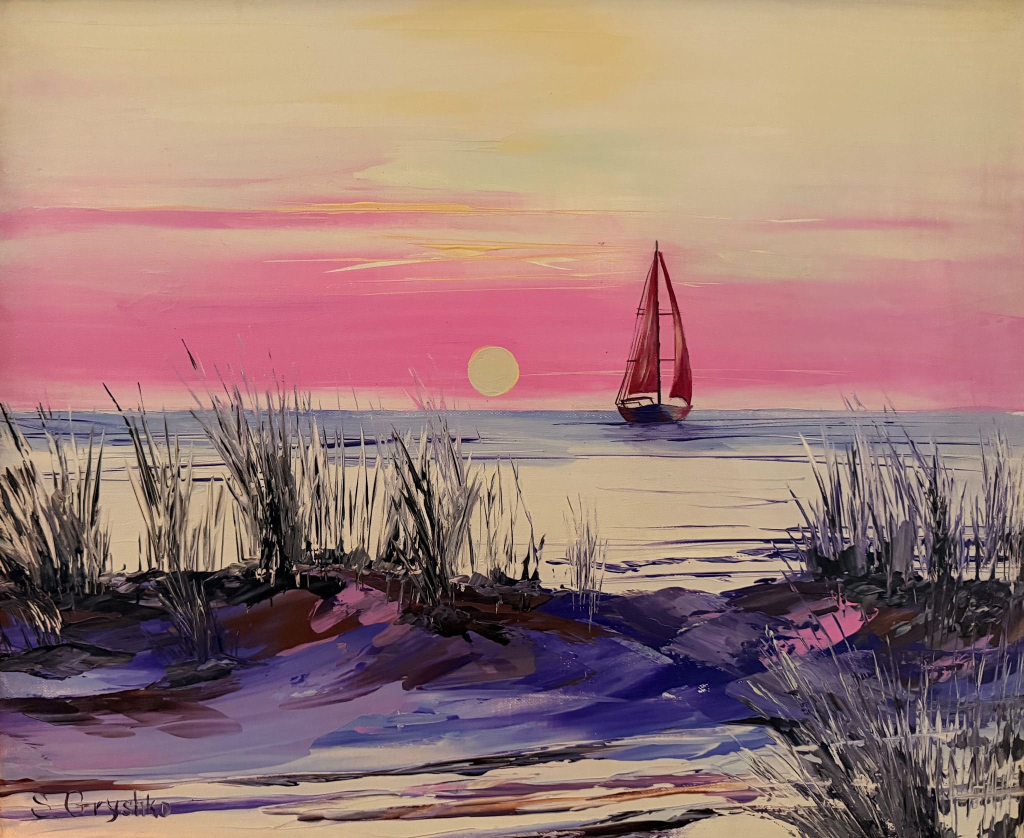 Les voiles rouges – tableau original de Svitlana Loguinoff Gryshko représentant un voilier aux voiles rouges au coucher du soleil, inspiré du roman d’Alexandre Grin, symbole d’amour et d’espérance.