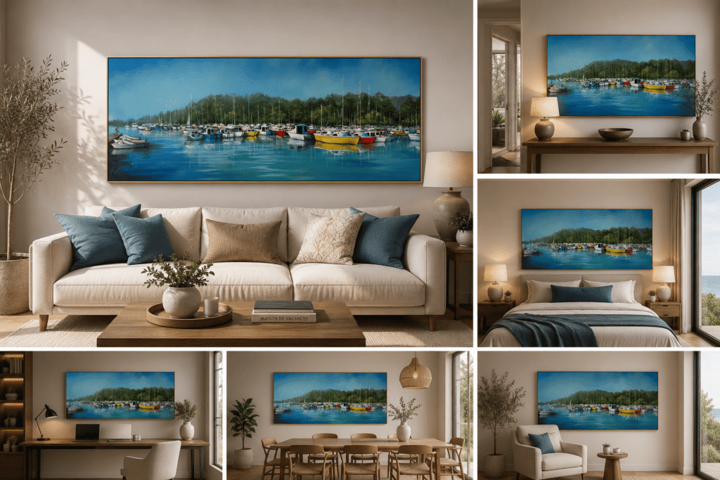 Le Port d'Hourtin – peinture originale de Svitlana Loguinoff Gryshko représentant le port de plaisance d'Hourtin avec ses bateaux, leurs reflets sur l'eau calme et la forêt en arrière-plan.