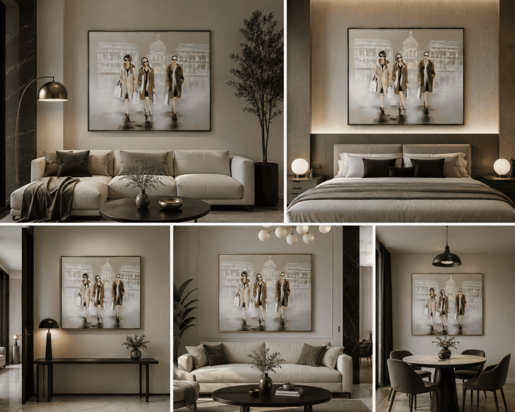 Le Shopping des Trois Grâces – peinture originale de Svitlana Loguinoff Gryshko représentant les Trois Grâces de Bordeaux transformées en femmes élégantes faisant du shopping dans les rues du centre historique.