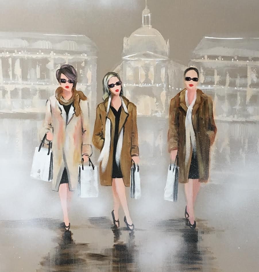 Le Shopping des Trois Grâces – peinture originale de Svitlana Loguinoff Gryshko représentant les Trois Grâces de Bordeaux transformées en femmes élégantes faisant du shopping dans les rues du centre historique.