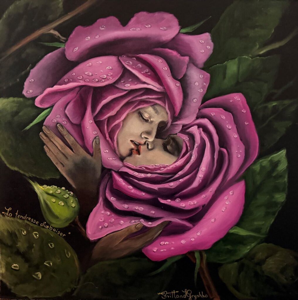 La tendresse d'un baiser – peinture originale de Svitlana Loguinoff Gryshko représentant un couple enlacé au cœur de deux roses roses couvertes de rosée, symbole d'amour, de tendresse et de poésie.