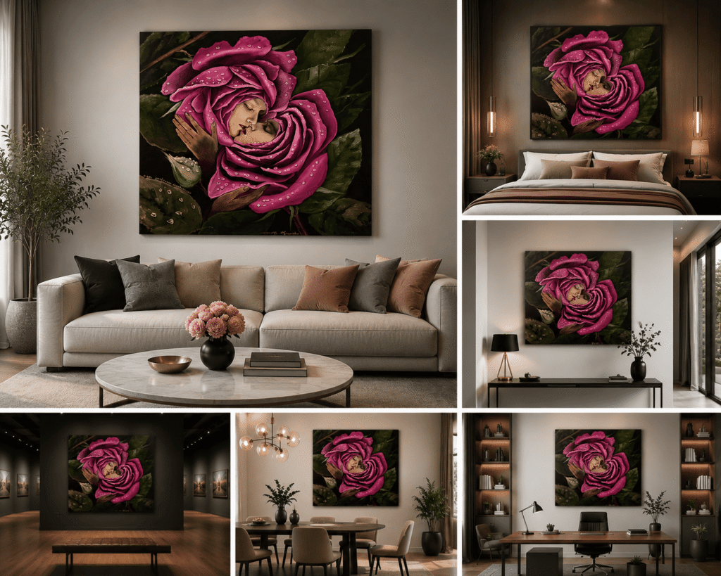La tendresse d'un baiser – peinture originale de Svitlana Loguinoff Gryshko représentant un couple enlacé au cœur de deux roses roses couvertes de rosée, symbole d'amour, de tendresse et de poésie.