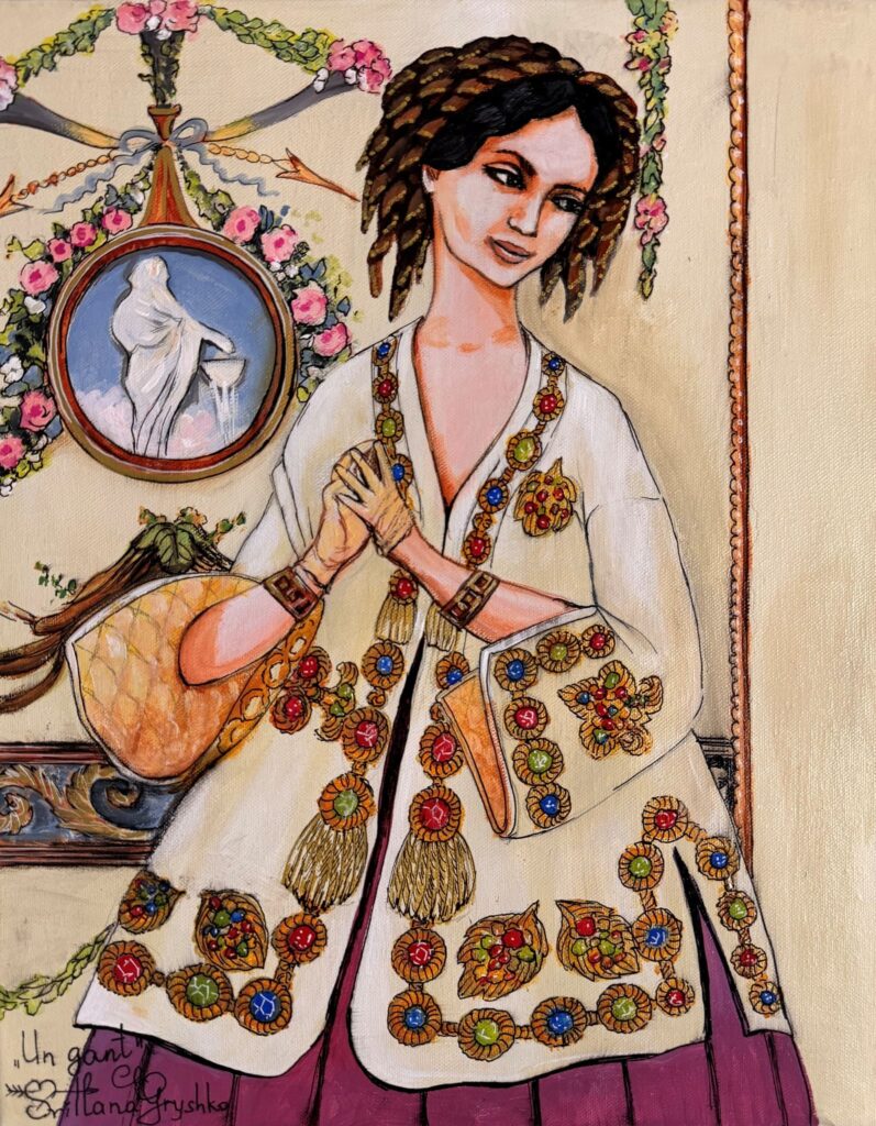 Tableau "Un gant" de Svitlana Loguinoff Gryshko représentant une élégante jeune femme en costume d'inspiration XIXᵉ siècle retirant délicatement son gant dans un décor raffiné.