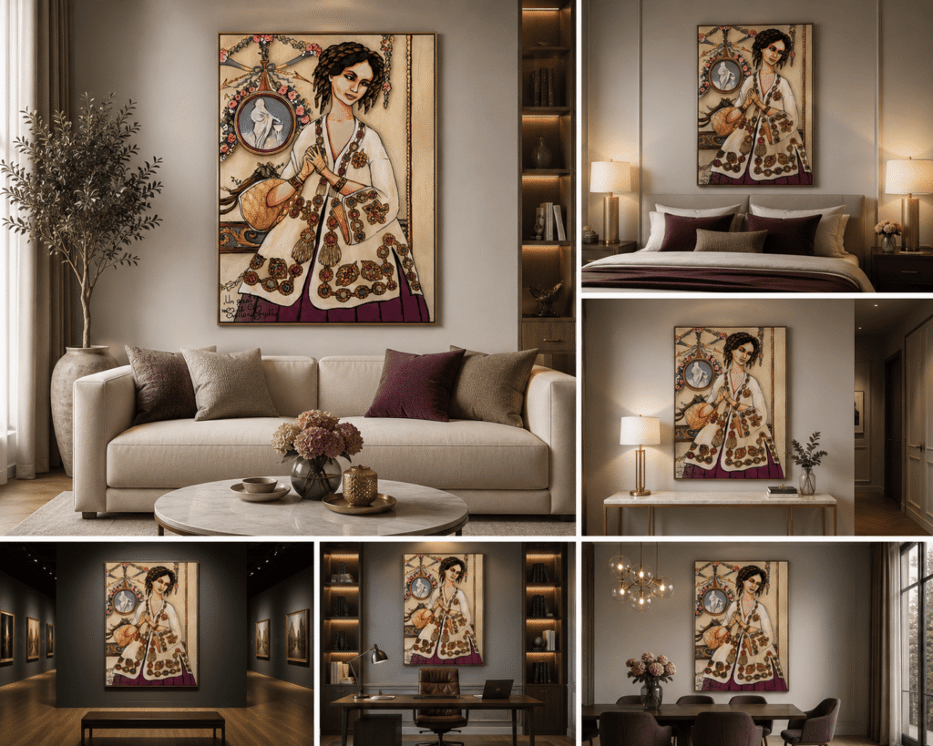 Tableau "Un gant" de Svitlana Loguinoff Gryshko représentant une élégante jeune femme en costume d'inspiration XIXᵉ siècle retirant délicatement son gant dans un décor raffiné.