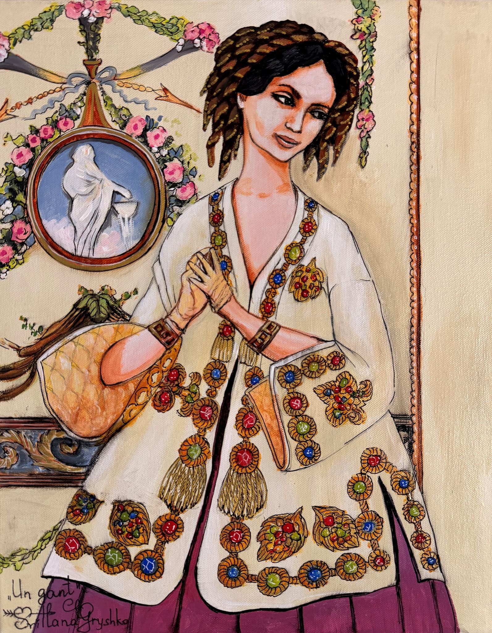 Tableau "Un gant" de Svitlana Loguinoff Gryshko représentant une élégante jeune femme en costume d'inspiration XIXᵉ siècle retirant délicatement son gant dans un décor raffiné.