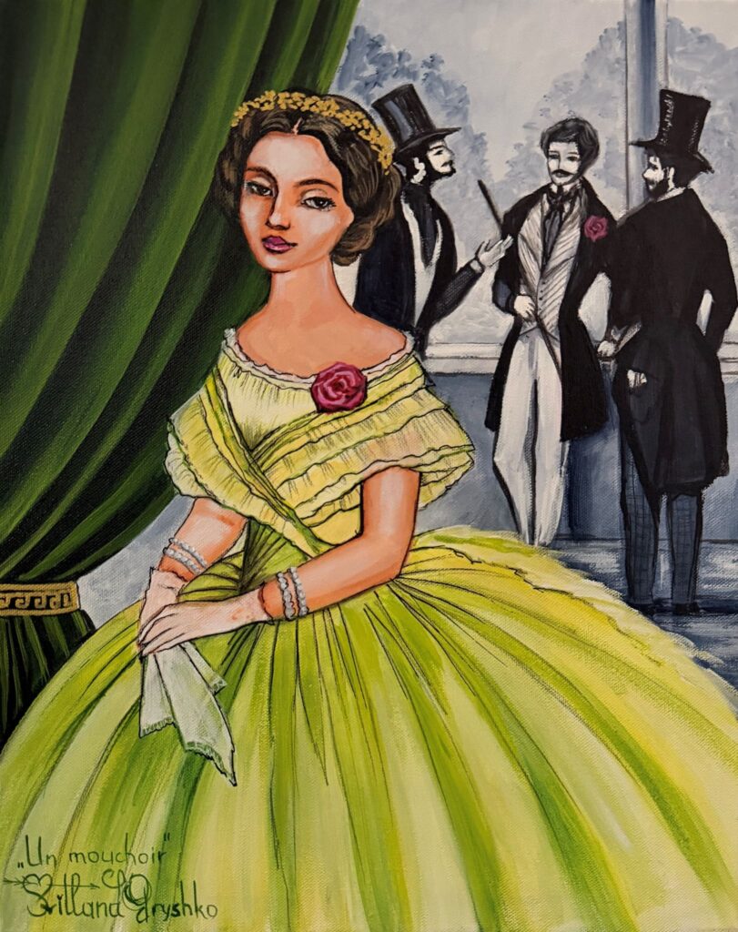 Tableau "Un mouchoir" de Svitlana Loguinoff Gryshko représentant une élégante jeune femme du XIXᵉ siècle tenant un mouchoir, face à un jeune homme portant une rose rouge, symbole d'un amour discret.