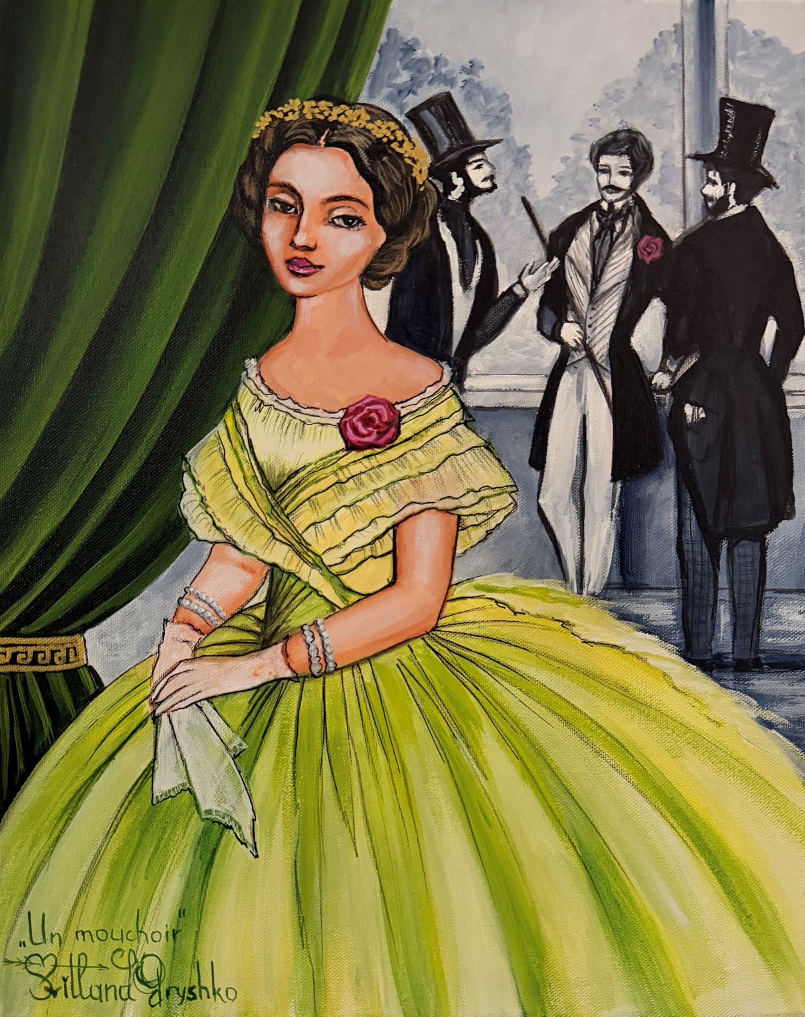 Tableau "Un mouchoir" de Svitlana Loguinoff Gryshko représentant une élégante jeune femme du XIXᵉ siècle tenant un mouchoir, face à un jeune homme portant une rose rouge, symbole d'un amour discret.