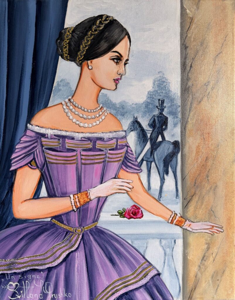 Tableau "Un signe" de Svitlana Loguinoff Gryshko représentant une élégante jeune femme en robe violette du XIXᵉ siècle contemplant un cavalier au loin, tandis qu'une rose rouge symbolise un message d'amour.