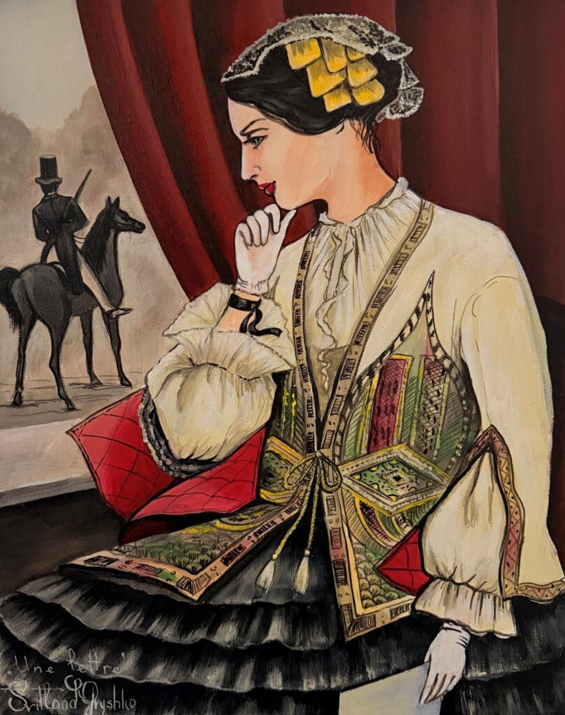 Tableau "Une lettre" de Svitlana Loguinoff Gryshko représentant une élégante jeune femme du XIXᵉ siècle tenant une lettre tandis qu'un cavalier s'éloigne, symbole d'amour, d'attente et de mystère.