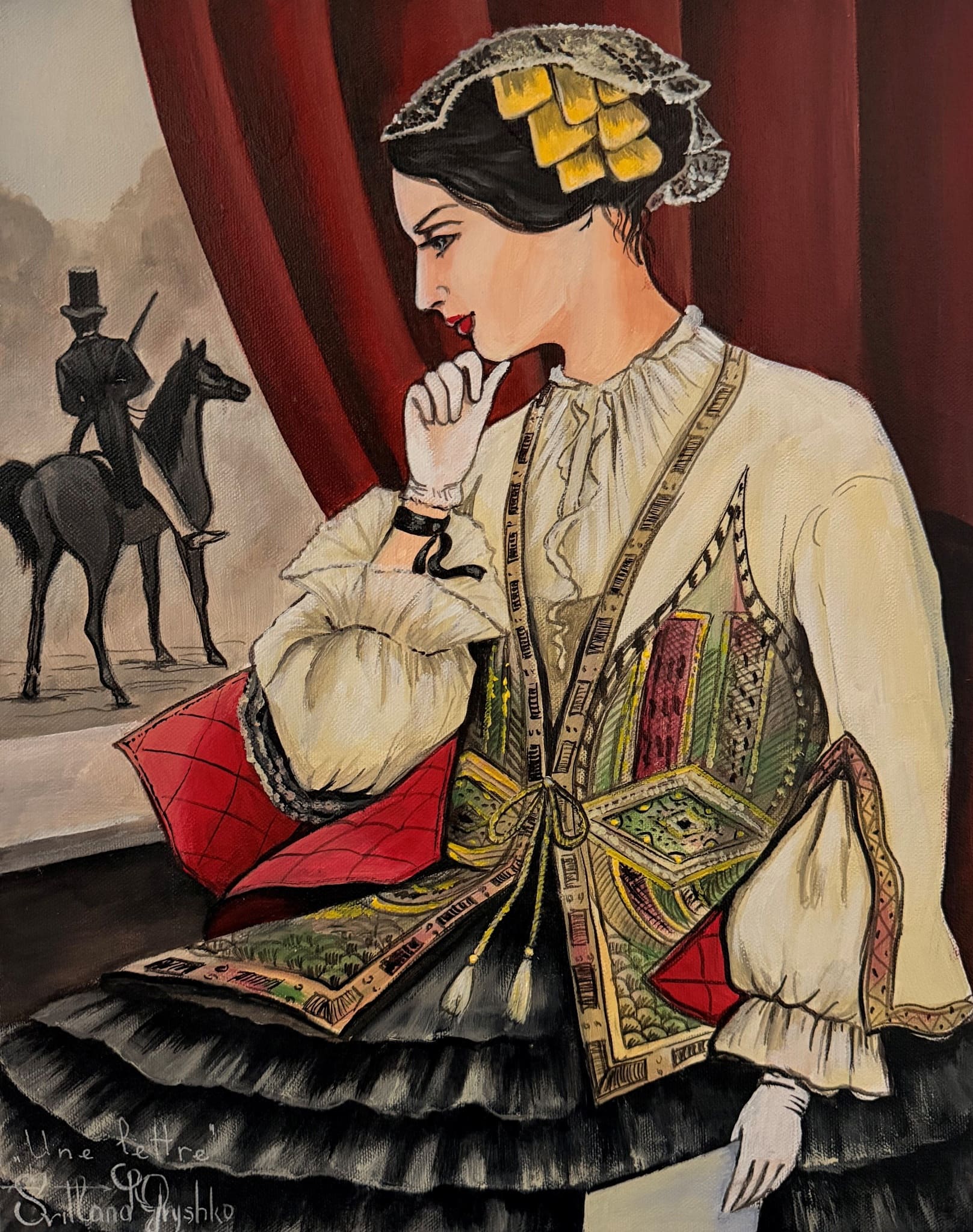 Tableau "Une lettre" de Svitlana Loguinoff Gryshko représentant une élégante jeune femme du XIXᵉ siècle tenant une lettre tandis qu'un cavalier s'éloigne, symbole d'amour, d'attente et de mystère.
