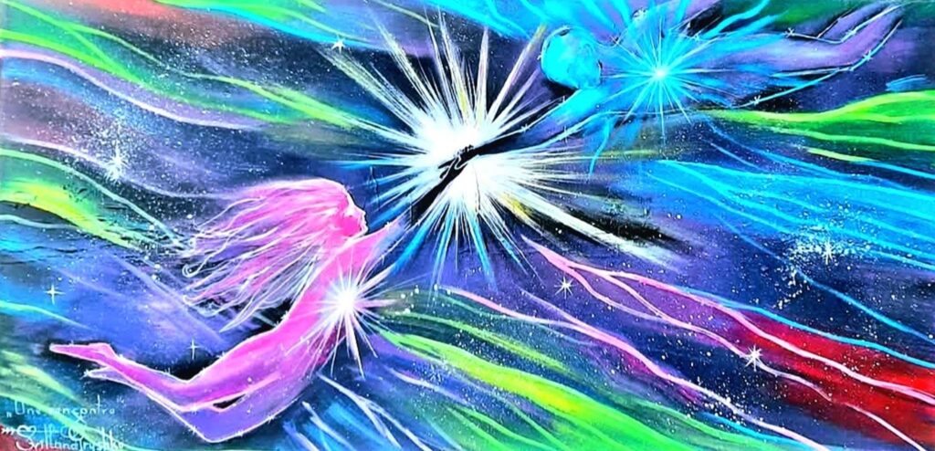 Tableau "Une rencontre" de Svitlana Loguinoff Gryshko représentant deux êtres de lumière se rejoignant dans l'univers, symbole de la rencontre des âmes, de l'énergie et de la lumière intérieure.