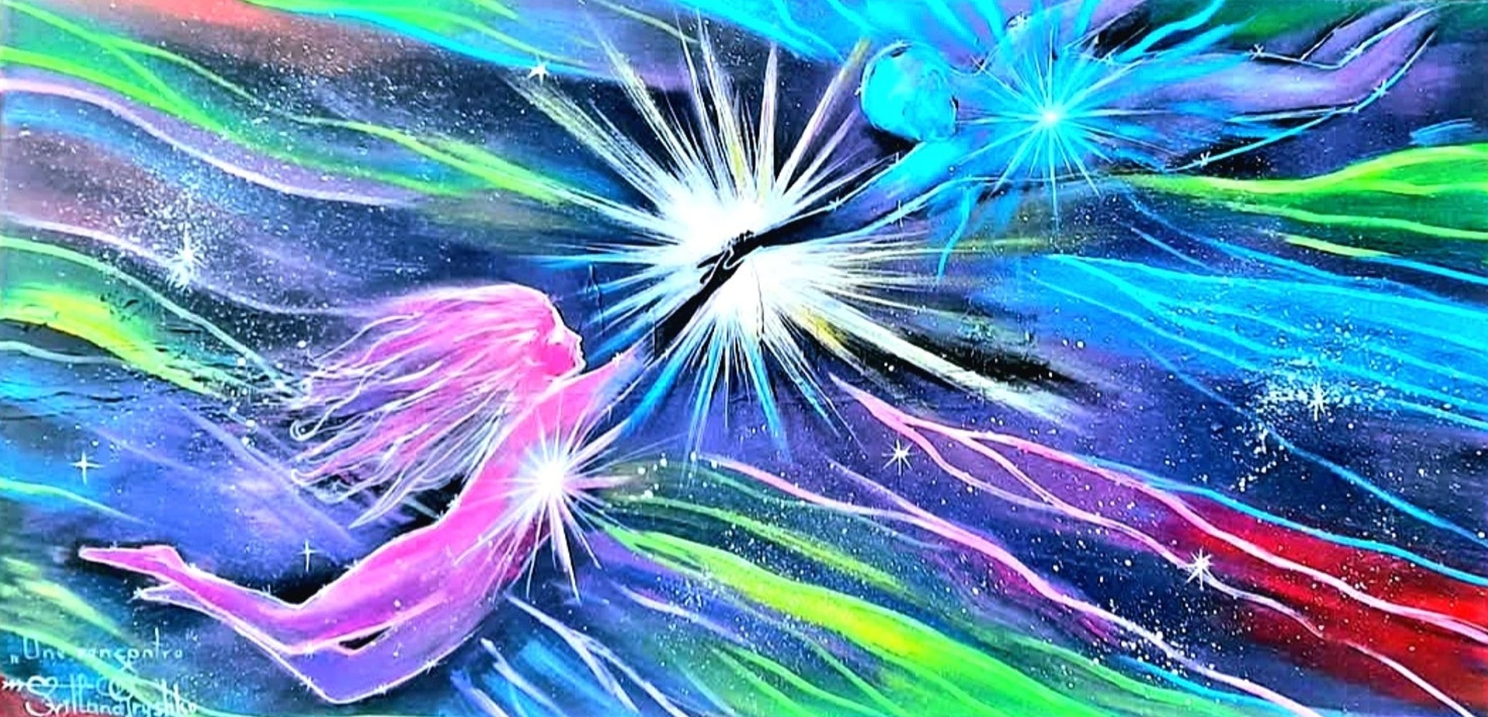 Tableau "Une rencontre" de Svitlana Loguinoff Gryshko représentant deux êtres de lumière se rejoignant dans l'univers, symbole de la rencontre des âmes, de l'énergie et de la lumière intérieure.