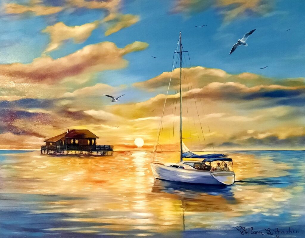 Tableau original « Un verre de champagne sur un bateau au coucher du soleil à Arcachon » de Svitlana Loguinoff Gryshko représentant un voilier devant les cabanes tchanquées au coucher du soleil.