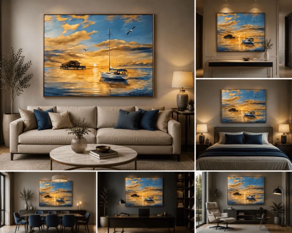 Tableau original « Un verre de champagne sur un bateau au coucher du soleil à Arcachon » de Svitlana Loguinoff Gryshko représentant un voilier devant les cabanes tchanquées au coucher du soleil.
