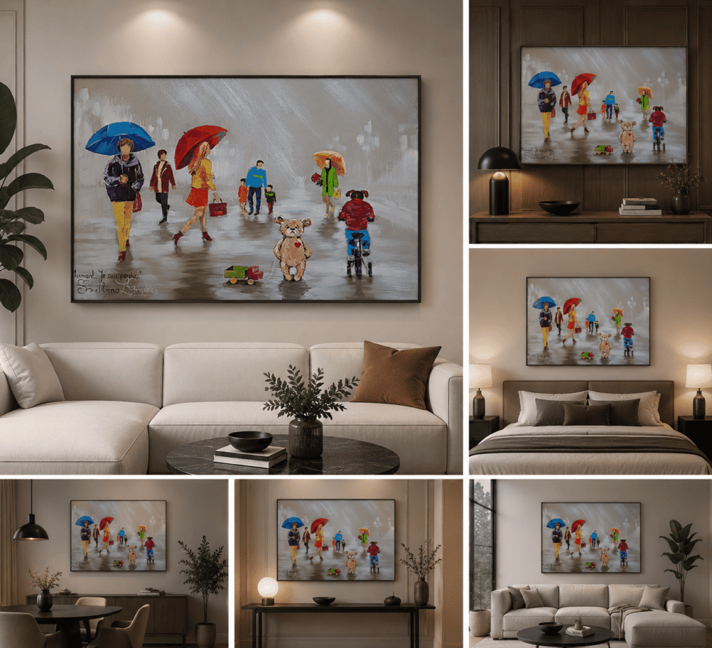 Maman ! Je suis perdu !, tableau original de Svitlana Loguinoff Gryshko représentant un petit ourson en peluche perdu sous la pluie au milieu d'une foule, avec un jeu d'observation invitant à retrouver sa maman.