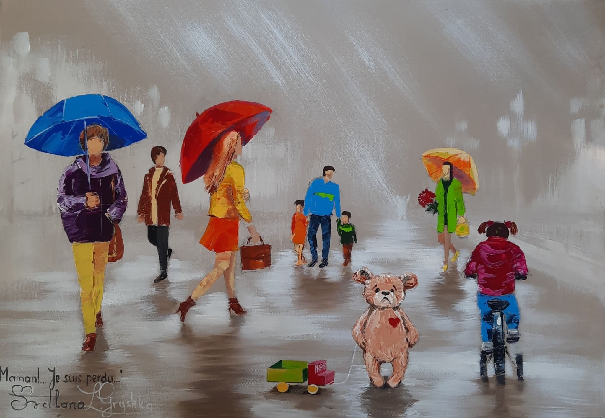 Maman ! Je suis perdu !, tableau original de Svitlana Loguinoff Gryshko représentant un petit ourson en peluche perdu sous la pluie au milieu d'une foule, avec un jeu d'observation invitant à retrouver sa maman.