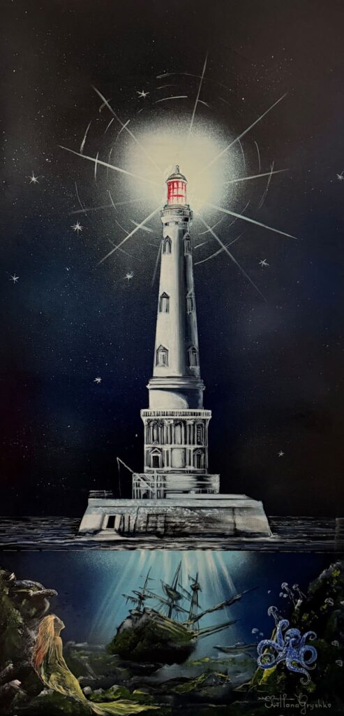 Découvrez Le phare de Cordouan dans la nuit, une œuvre originale de Svitlana Loguinoff Gryshko inspirée du célèbre phare, entre patrimoine, mer et imaginaire.